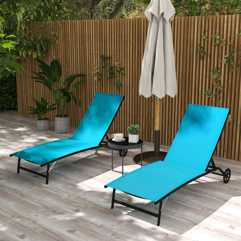 Outsunny Patio Chaise Lounge Chair Set of 2, 2 Piece Outdoor Recliner with Wheels, 5 Level Adjustable Backrest - Blue