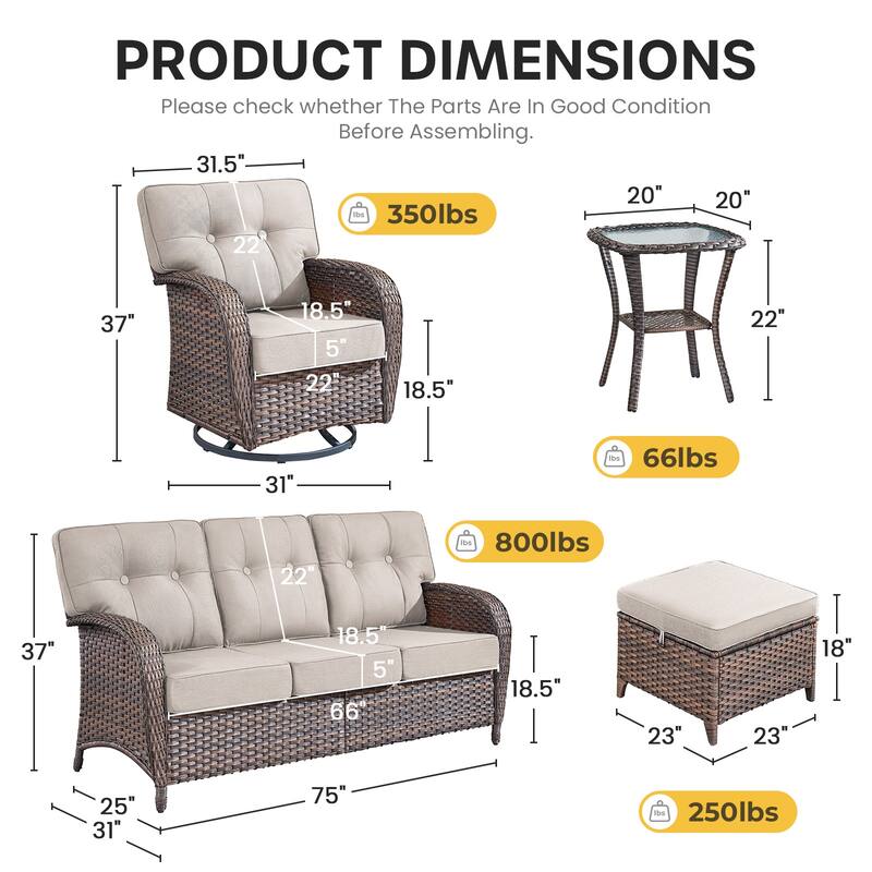 Gymojoy 6-Piece Outdoor Wicker Patio Furniture Set, 5" Thick Cushioned Rattan Set with Swivel Chairs & Ottomans