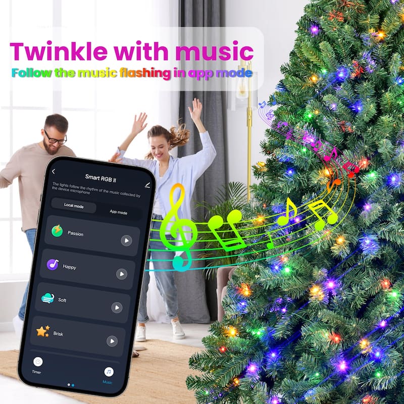 Smart Pre-Lit Artificial Christmas Tree - WiFi Music Sync, App Control, Dual-Color LED Lights, Metal Stand - Green