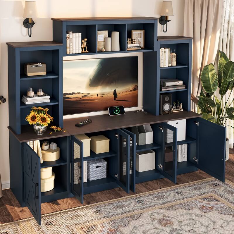 87.6" Wall Unit Entertainment Center Wood TV Stand with USB Charging, Media Console with Cabinets, Large Storage TV Cabinet