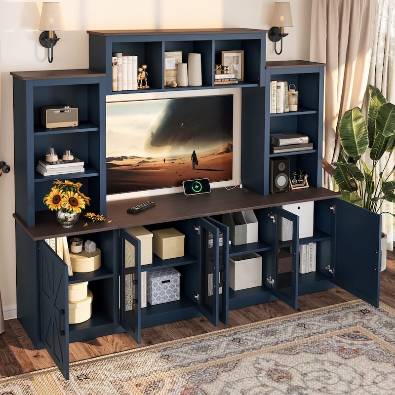 Modern 87.6" Wall Unit Entertainment Center with Bookshelves for TVs up to 55", TV Stand Media Console with Charging Station