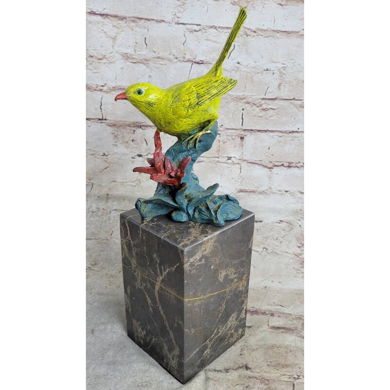 Bronze Metal Colorful Yellow Finch Songbird Bird Sculpture Statue Figurine Marble Base