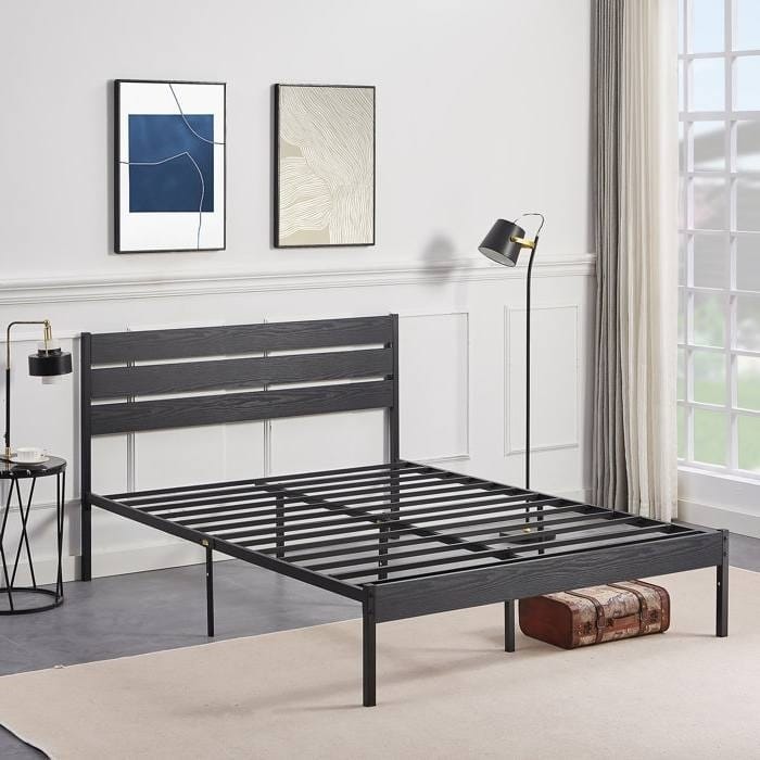 Modern Industrial Platform Bed Frame with Black Oak Headboard - Black - Full
