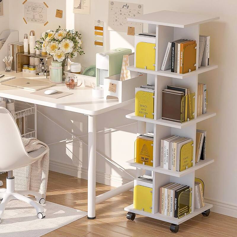 VECELO Bookshelf with Wheels,Storage Bookcase with Wheels for Bedroom, Living Room Home and Office - White