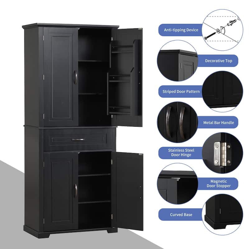 Freestanding White Bathroom Cabinet with Doors, Drawer & Adjustable Shelf, Tall Linen Tower Storage 72'' High