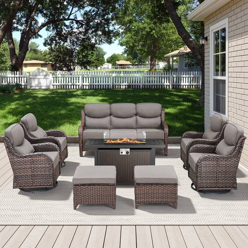Arcadia 8-Piece PE Wicker Patio Seating Set with Durable All-Iron Fire Pit and 6-Inch Cushions - Gray Cushions - Brown Wicker