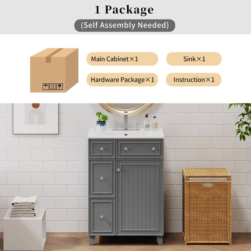 Bathroom Vanity with Sink, Small Bathroom Storage Cabinet with Ceramic Basin, Single Vanity with 2 Drawers and Door