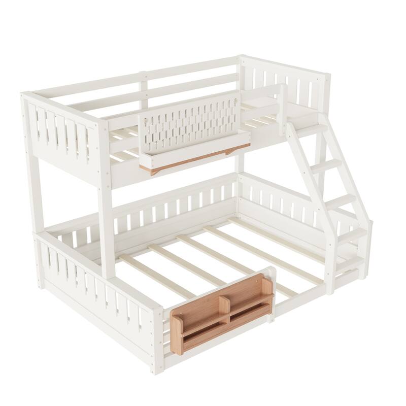 Twin XL over Queen Bunk Bed with Ladder & Guardrails, Built-in Pegboard and Bookshelf, Space-Saving Bunk Bed Frame