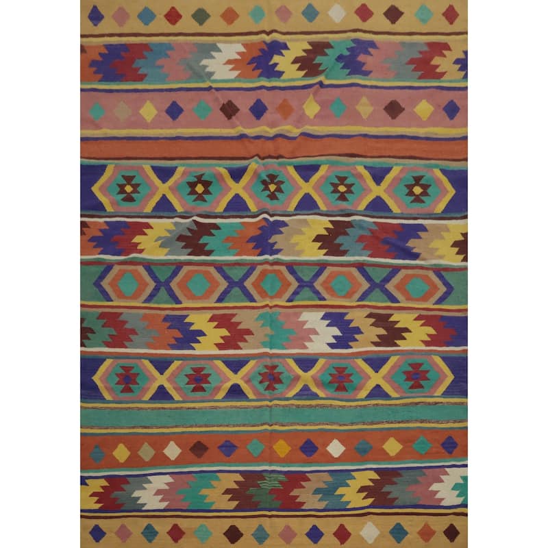 Hand Woven Oriental 100% Wool Carpet Southwestern Tribal Multi-Colored Kilim Area Rug - 9' 10'' X 8' 2''