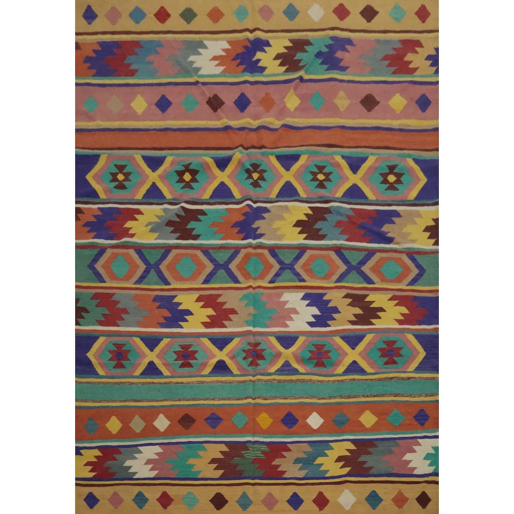 Hand Woven Oriental 100% Wool Carpet Southwestern Tribal Multi-Colored Kilim Area Rug - 9' 10'' X 8' 2''