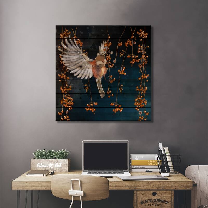 Bird in the Berries Print On Wood by Thomas Little - Multi-Color