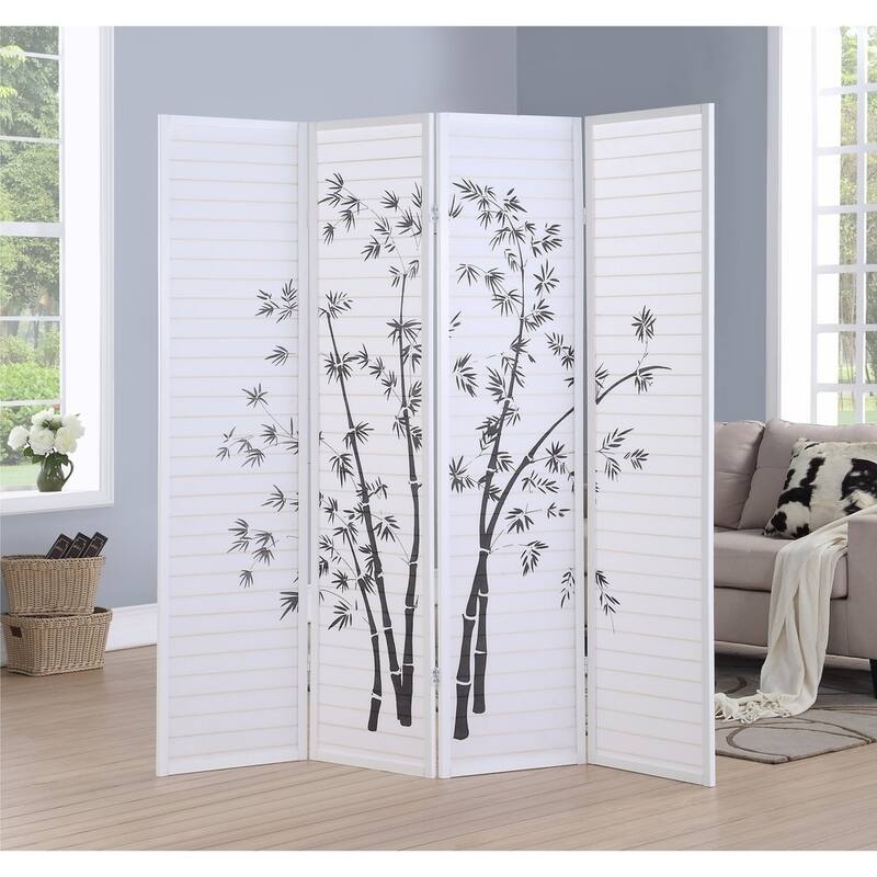 Roundhill Furniture Bamboo Print 4-Panel Framed Room Screen/Divider - White