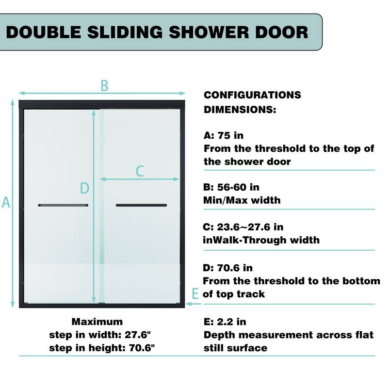 56-60"W x 75"H Aluminium Alloy Frame Double Sliding Shower Door with 6mm Tempered Glass,Matte Black - 56-60"W x 75"H