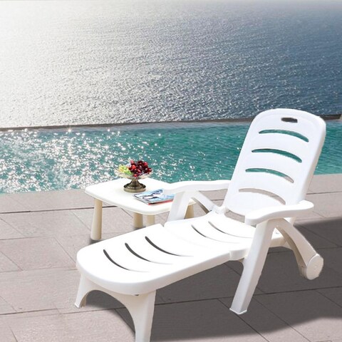 Plastic Outdoor Waterproof Chaise Lounge Chair with Wheels Adjustable Reclining Folding Lounger Chaise Chair