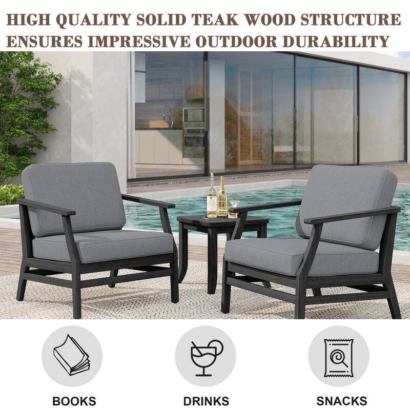 2 Set Patio Teak Wood Outdoor Chair and Side Table Set with Cushions