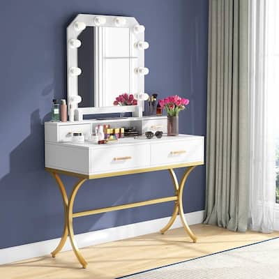 Vanity Table with Lighted Mirror and 4 Drawers, Makeup Vanity Dressing Table
