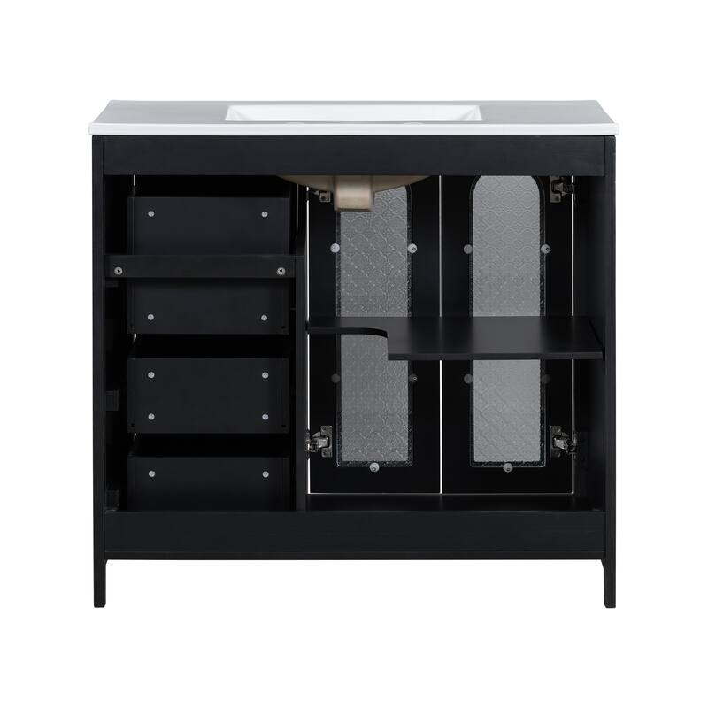 Bathroom Vanity with Ceramic Sink, Bathroom Cabinet with 2 Glass Door and 3 Drawers, Vanity Set with Adjustable Shelf