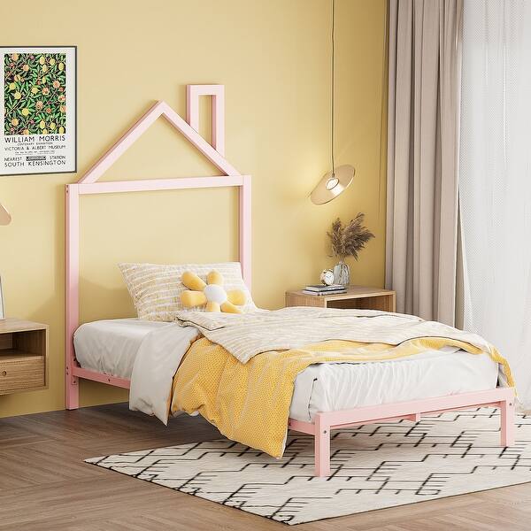 slide 2 of 27, Twin Size Metal Platform Bed with House-Shaped Headboard Design Pink