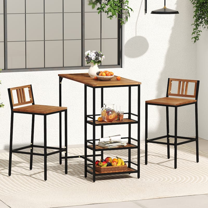 3 Pieces Outdoor Wood Bar Set with 3-Tier Storage Shelf and Metal Frame - Multi - Multi