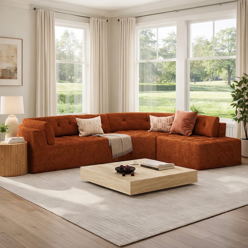 Christopher Knight Home - Modern L-Shaped Corner Sectional Sofa, Fully Upholstered Arms, Curved Right-Hand Facing, Tufted Design - Dark Orange