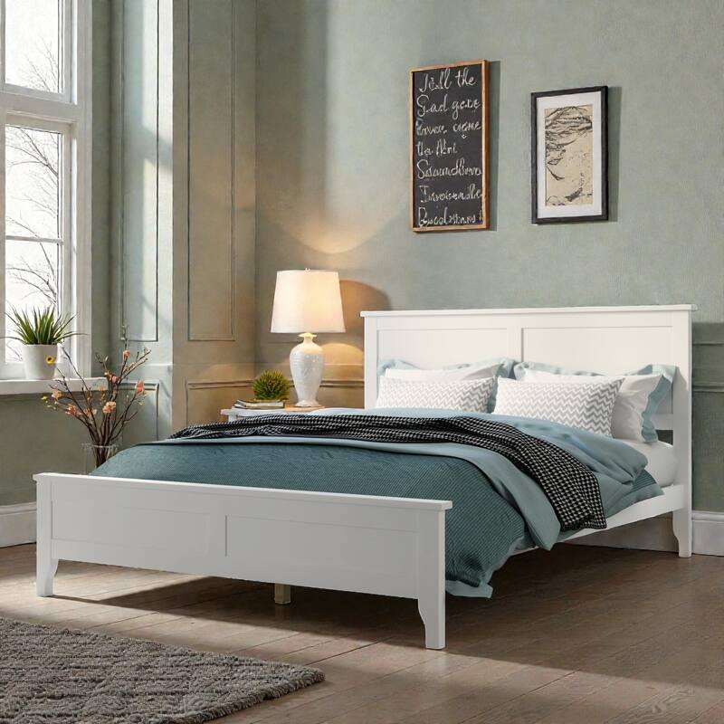 Modern Solid Wood Platform Bed Frame with Wooden Slats Support, No Box Spring Needed, Full Queen King - White - King