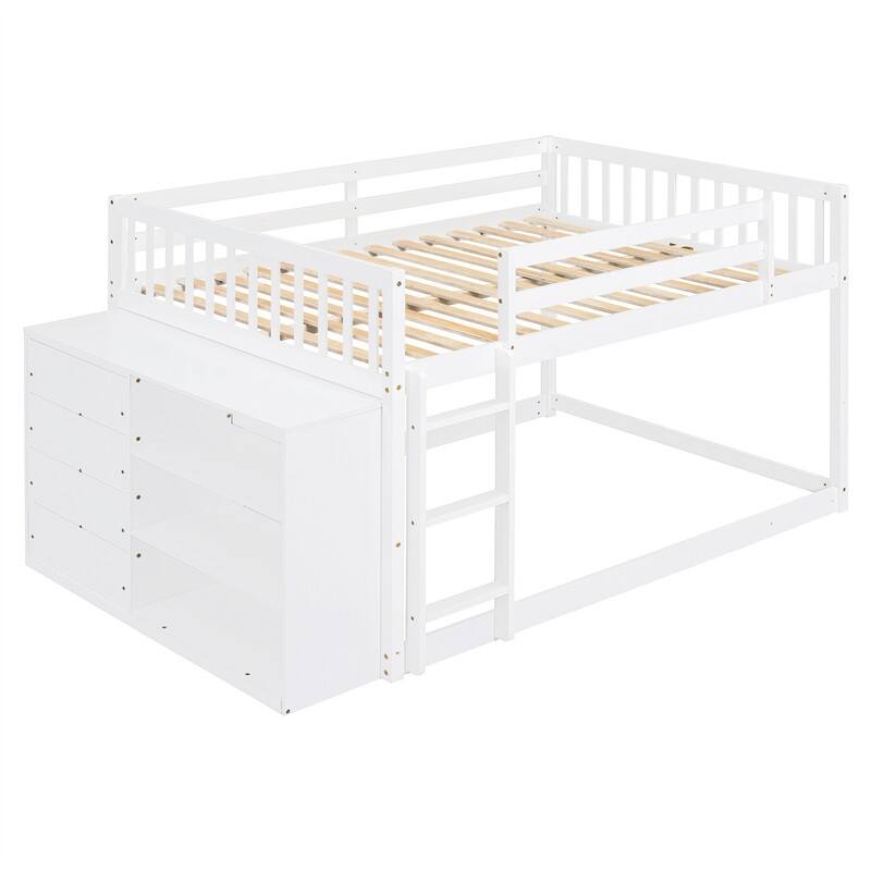 Twin Over Twin/Full Over Full Floor Bunk Bed with Drawers and 3 Storage Shelves, Solid Wood Low Bunk Bed Frame with Ladder