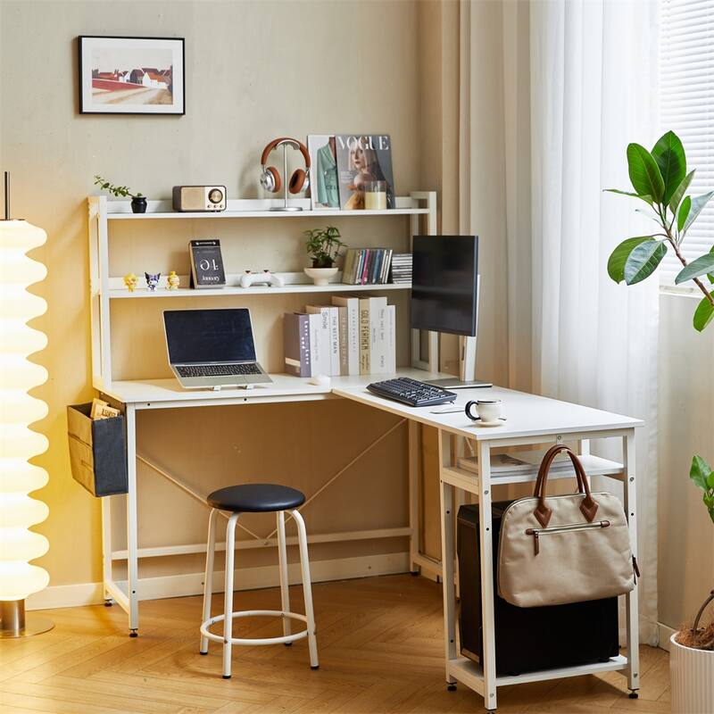94.5" L Shape Home Office Desk with Storage Shelves and Stool