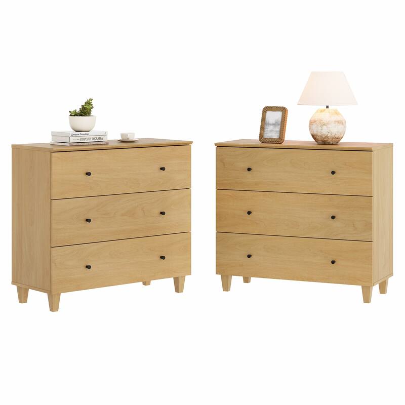 WAMPAT 3 Drawer Nightstand for Bedroom, 35 Inches Wide - Oak-Set of 2 - 3-drawer