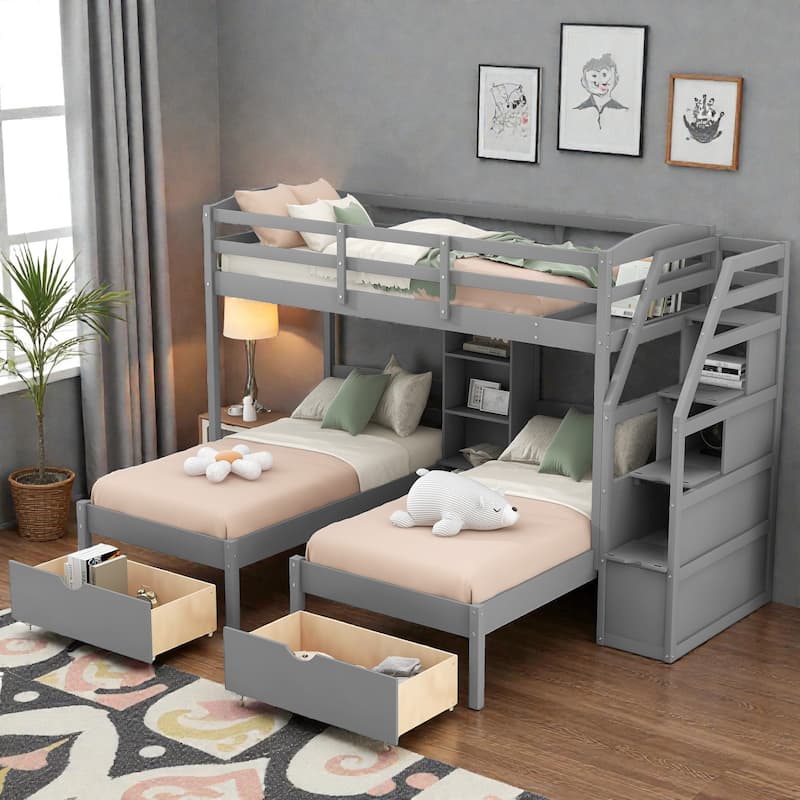 Triple Bunk Bed Twin over Twin&Twin with Drawers, Storage Staircase and Built-in Shelves, Solid Wood Frame