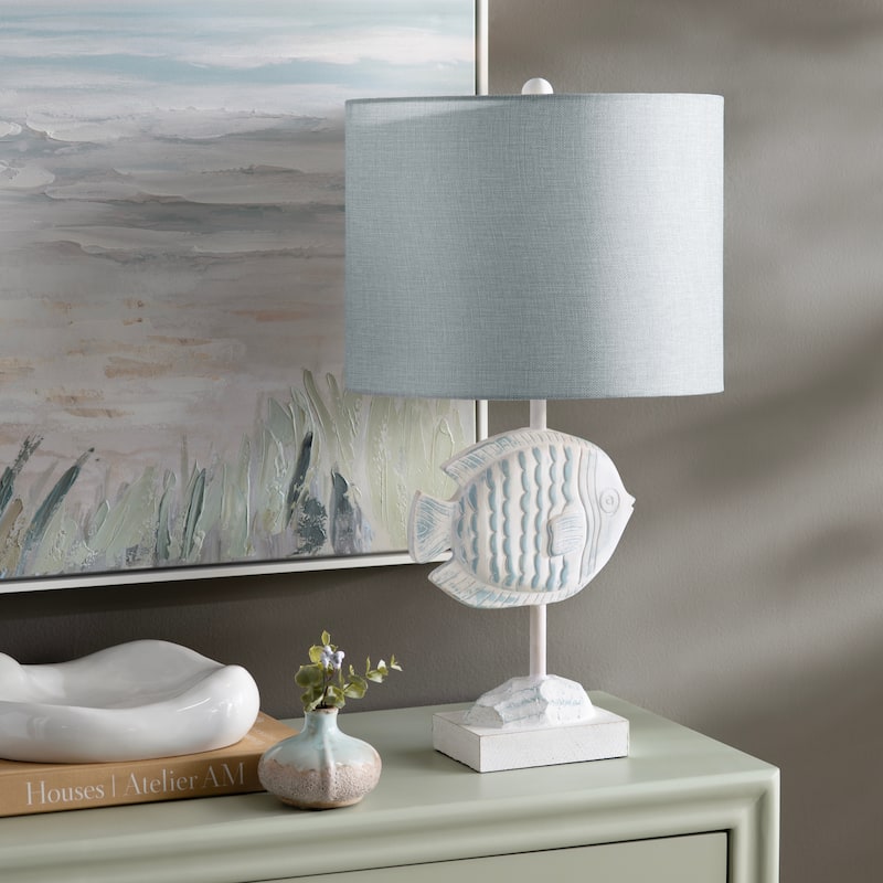 Light Blue and White Resin Fish Table Lamp with Shade - 14" x 14" x 24.5"