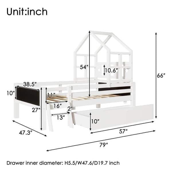 dimension image slide 1 of 2, Solid Wood House Bed with Ladder and Storage Drawers for Kid Bedroom