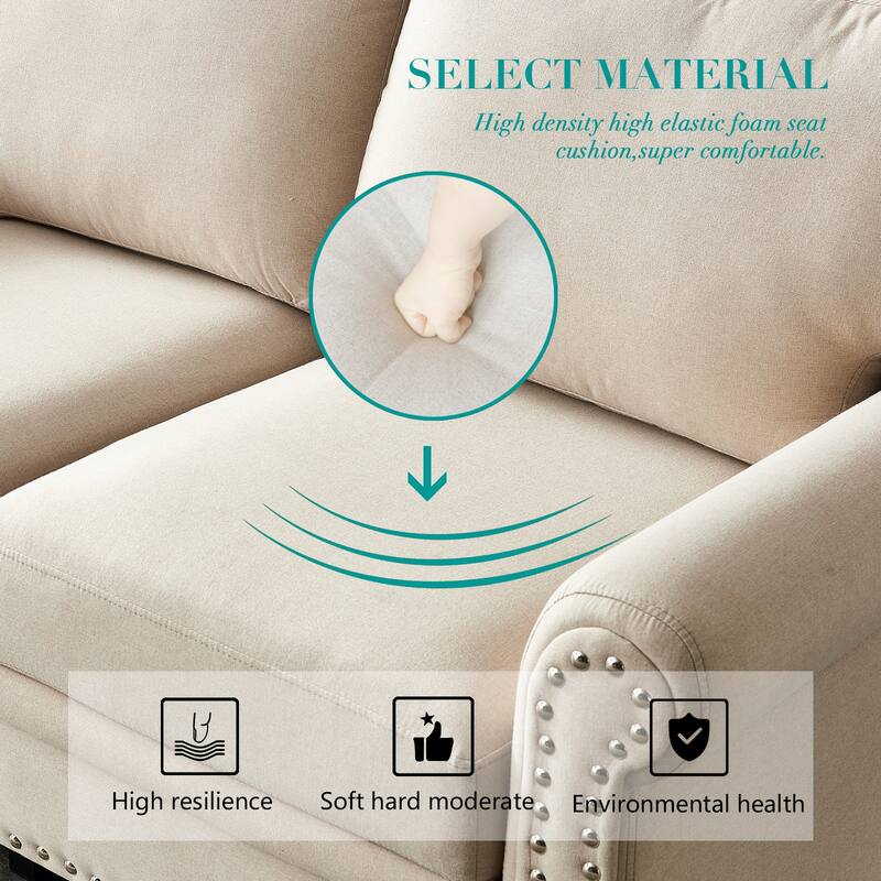 Linen Fabric Upholstered Sofa with Storage, 3-Seater Couch with Solid Wood Frame, Round Arms, and Removable Cushion Cover