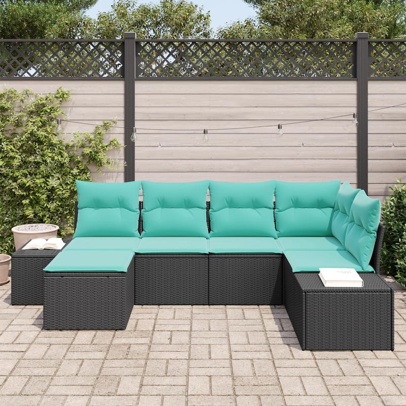 vidaXL 7 Garden Sofa Set with Cushions Black Poly Rattan - 103.9 x 60.6 x 27.2