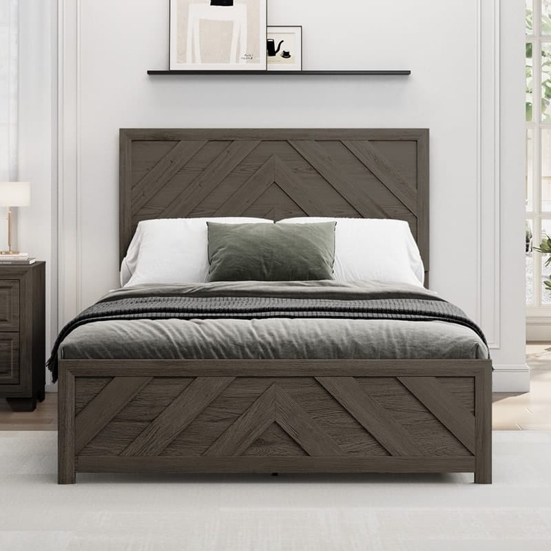 Modern MDF Bed Frame with Diagonal Striped Design - Brown/Wood