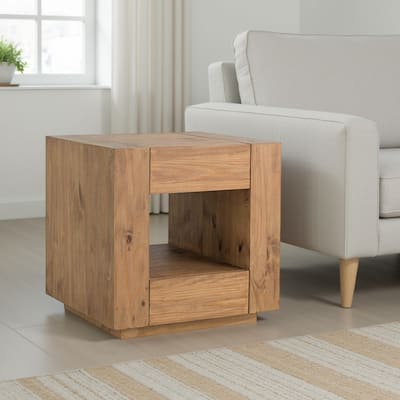 Ayma End Table, 1 Inner Shelf, Drawers, Brown Oak Wood Frame, 24 Inch
