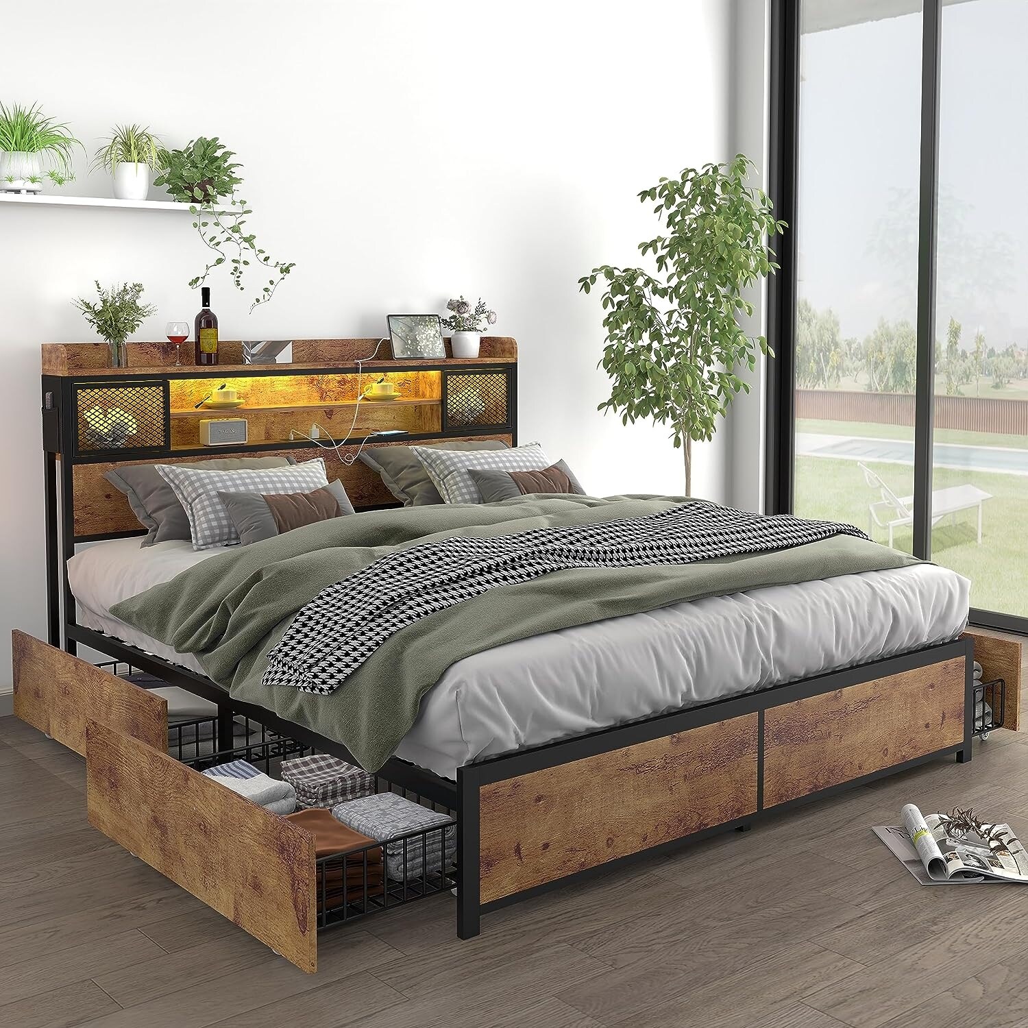 ベッドフレーム 160cm bed frame with drawers Amazon.com: Benevika Full Size Bed Frame with 4 Drawers and