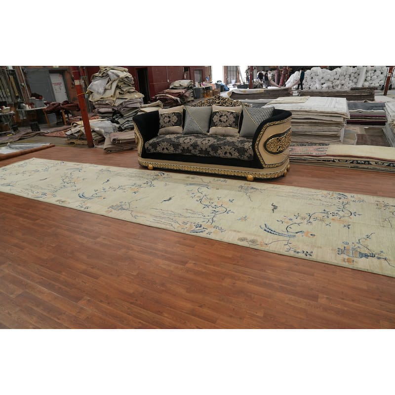 Hand Knotted Oriental 100% Wool Carpet Traditional Floral Green Ziegler Runner Rug - 23' 10'' X 4' 10''