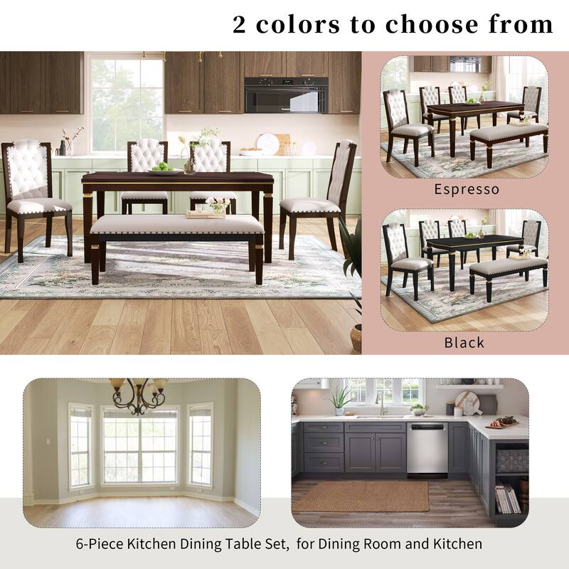 6-Piece Dining Table Set with 4 Tufted Chairs and Bench, 60" Rectangular Wood Table, Modern Dining Room Furniture