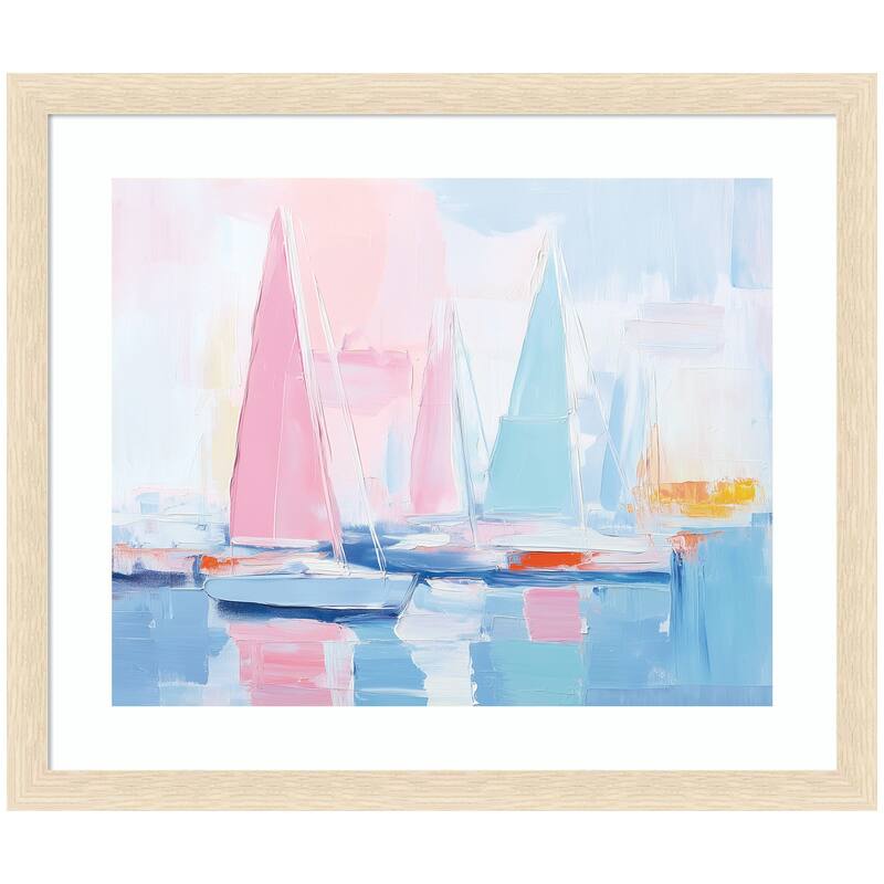 Kate and Laurel Framed Art Abstract Sailboat Harbor Landscape by The Creative Bunch Studio - 26x22 - Natural