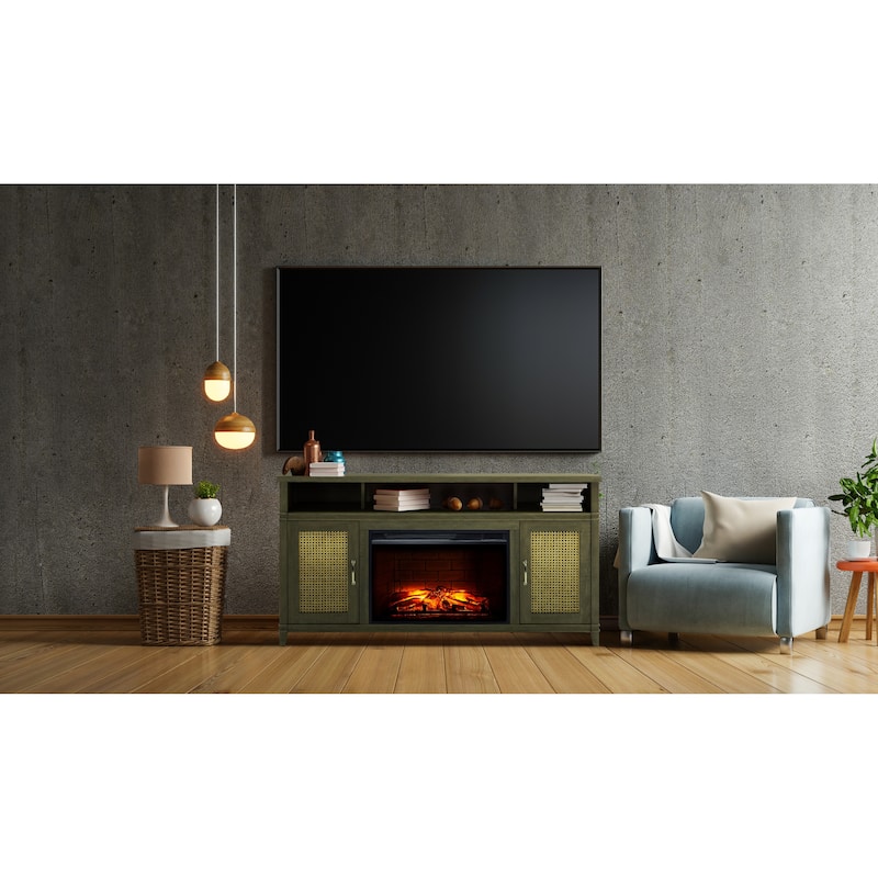 Pleasant Hearth Tahoe 60 in. ITV Stand with Electric Fireplace Grey Finish with Wicker Doors - 60"