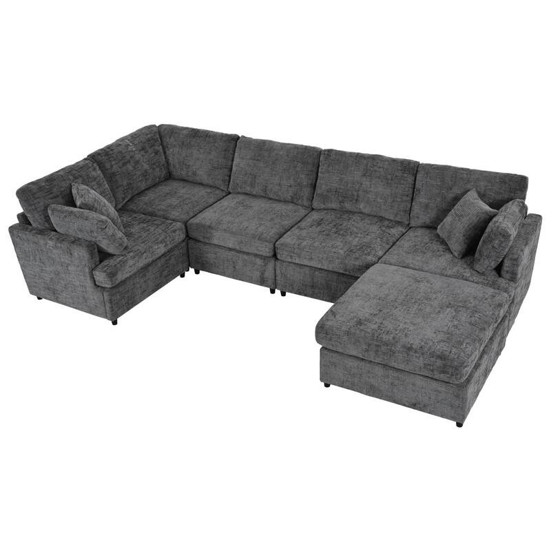 6-Piece U-Shaped Sectional Corner Sofa with Movable Ottoman and Durable Chenille Fabric for Versatile Living Spaces
