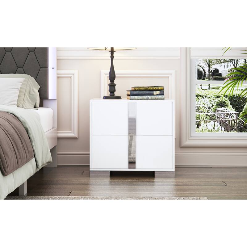 Nightstand with 2 Drawers, Sofa Side Table with Mirrored Metal Handle & Base, Multi-functiona Wooden Accent Table