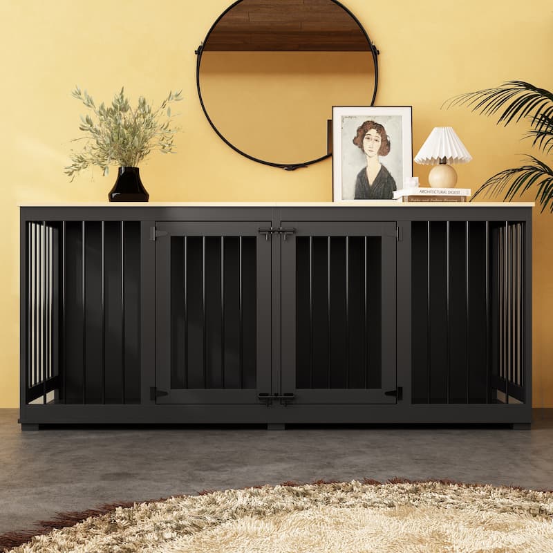70.9" Large Double Wooden Dog Crate Furniture, Kennel with Dividers