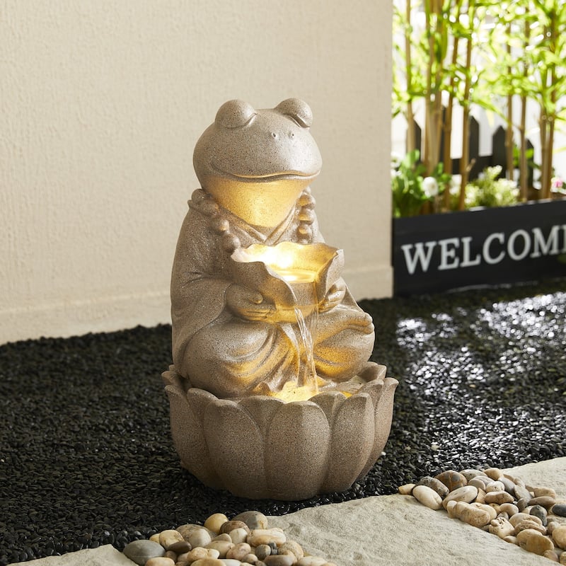 Glitzhome Polyresin Meditating Buddha Frog/Elephant Statue Outdoor Water Fountain with LED Lights - Tan - 21.75"H Frog