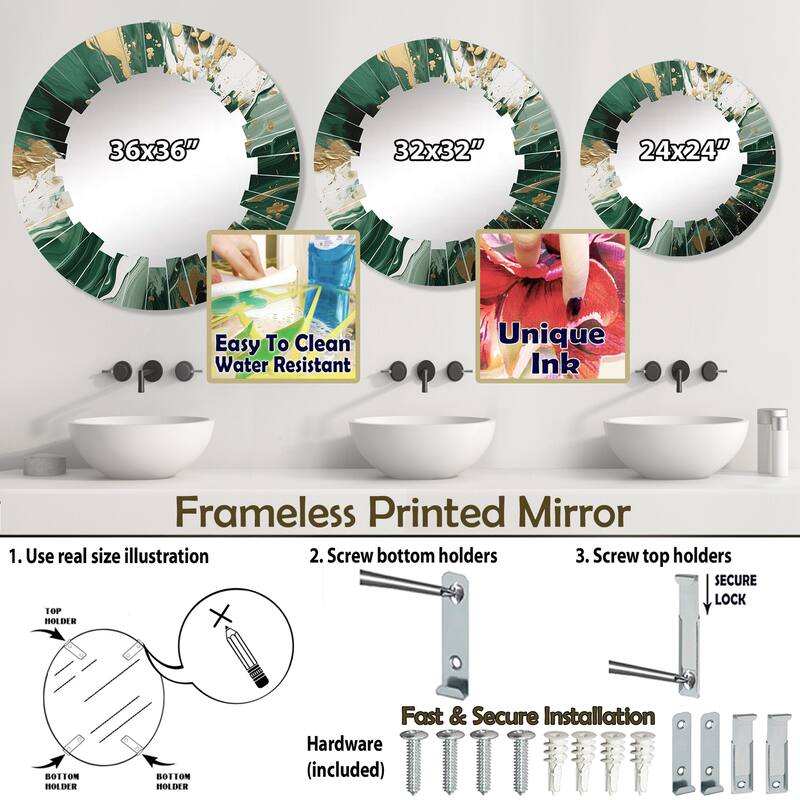 Designart "Green and Gold Liquid Magic I" Abstract Modern Wall Mirror