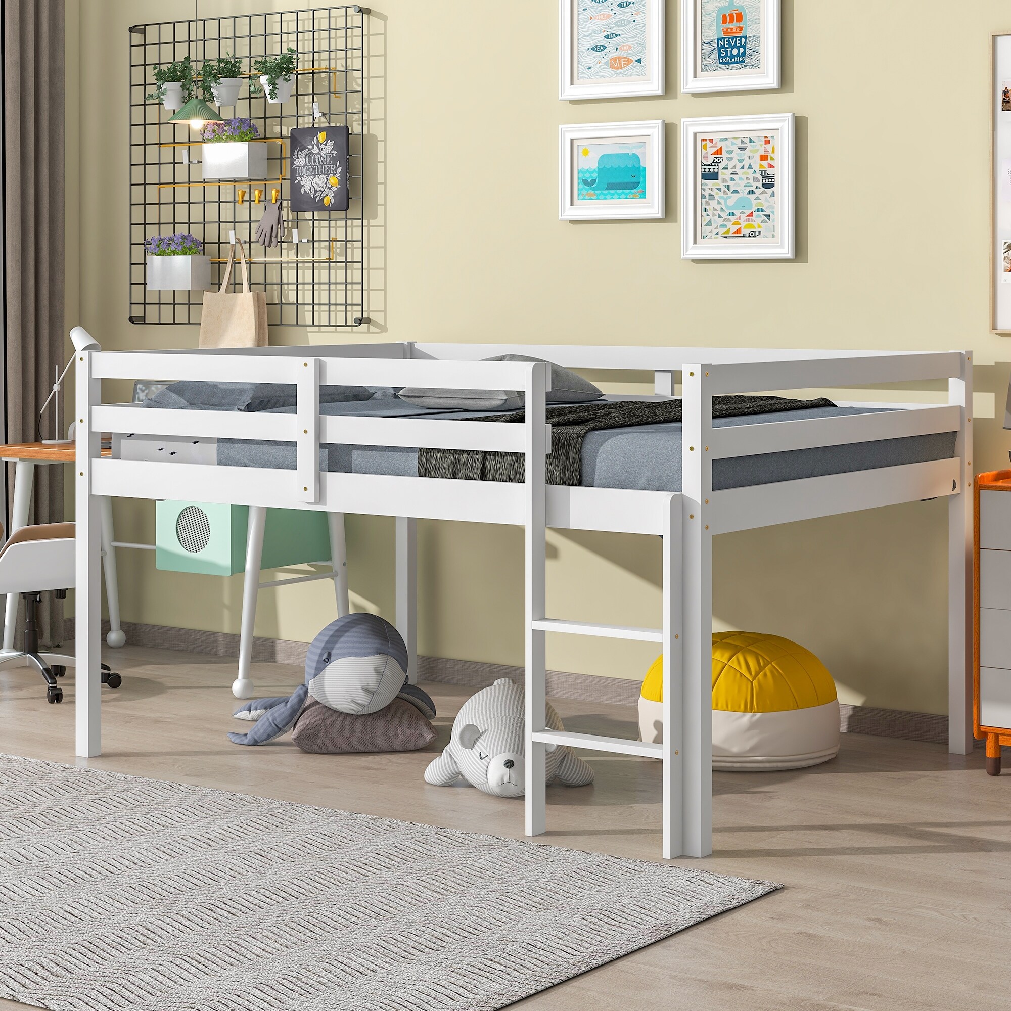 Full Size Wooden Loft Bed with a Wider Ladder Kids Bed for