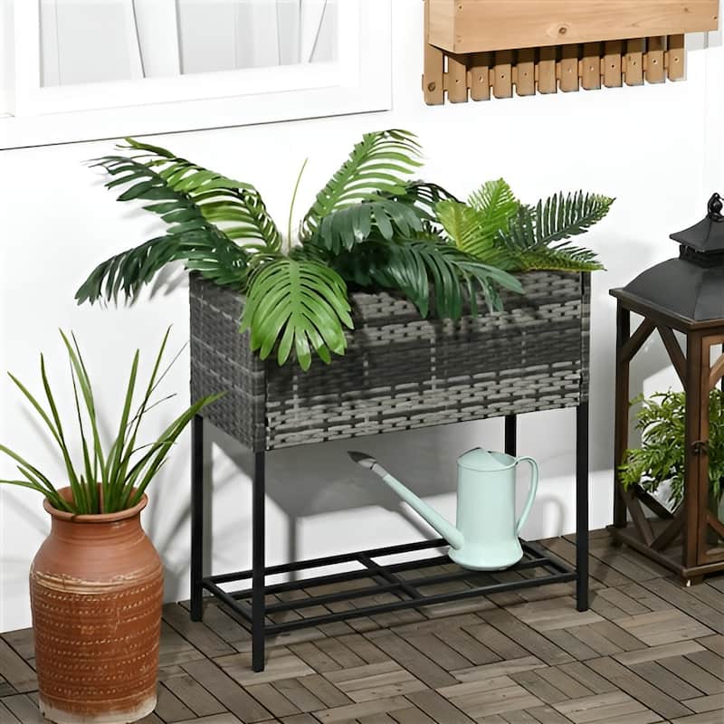 Rattan Steel Elevated Raised Planter Box with Storage Shelf - 27.5" L x 11.75" W x 27.5" H