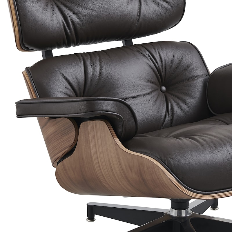 Mid-century Modern Lounger Real Leather Arm Chair and Ottoman Set - Plus - Walnut&DarkBrown 