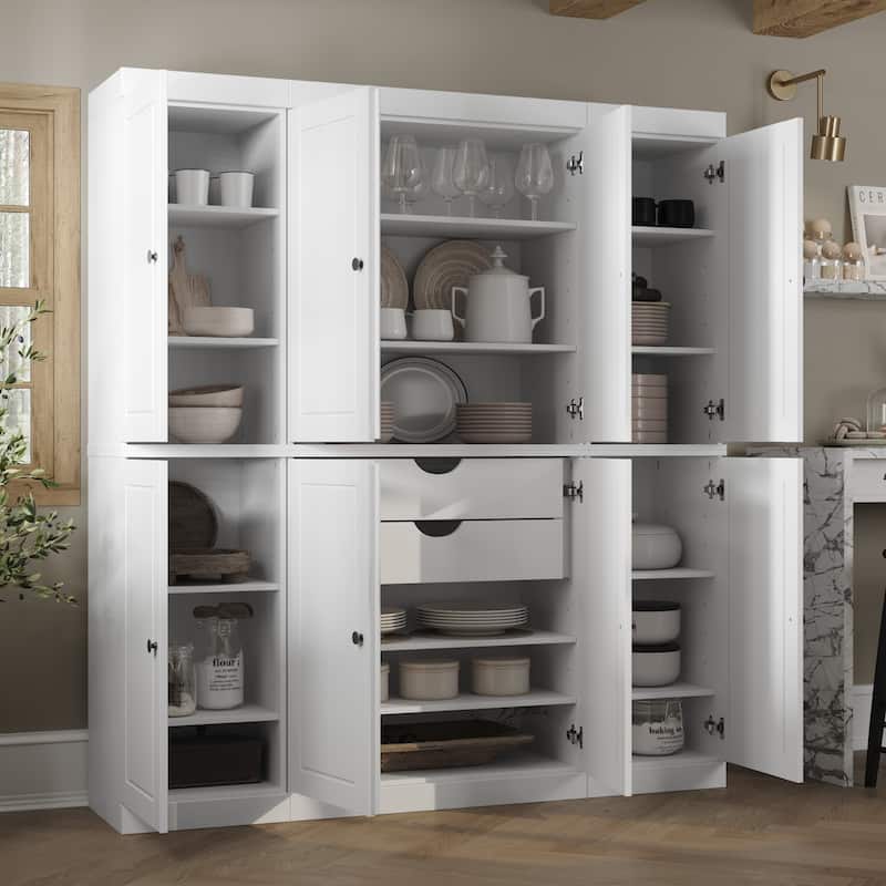 100% Solid Wood Kitchen China Pantry Buffet with Glass or Solid Wood Doors and 2-Drawer Kit by Palace Imports - 65" x 71.5" - White - Solid