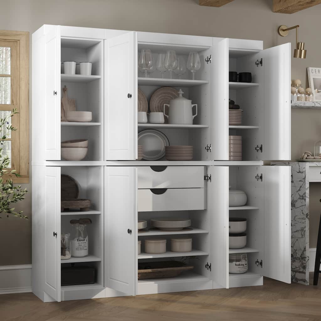 Palace Imports 100% Solid Wood Kitchen China Cabinet Pantry with Glass or Solid Wood Doors and 2-Drawer Kit - 65" x 71.5"
